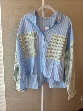 Ann Taylor weekend collection blue & green oversized cropped button down XL